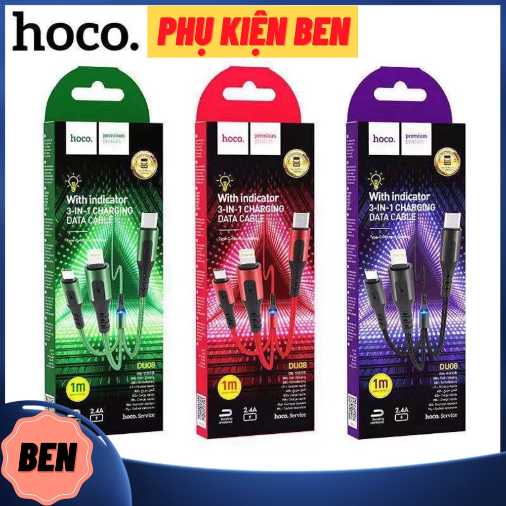 Dây cáp sạc dù báo đèn 3 đầu hoco du08 3in1 -bảo hành 12 tháng