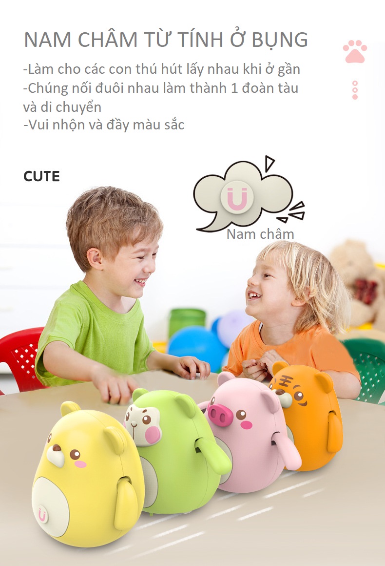Thú nam châm đi bộ thành hàng nối đuôi nhau, xoay 360 độ và dang 2 tay, bụng bự đi lắc lư vui nhộn