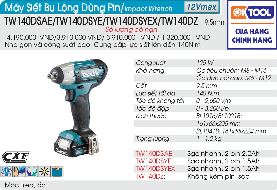 Máy siết bu lông dùng pin 12v makita tw140dsae