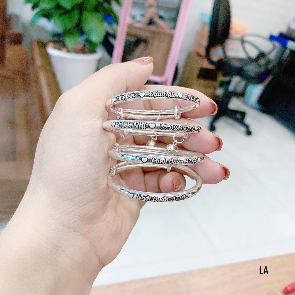 Vòng tay bạc ta cho bé mix chuông khắc tên free