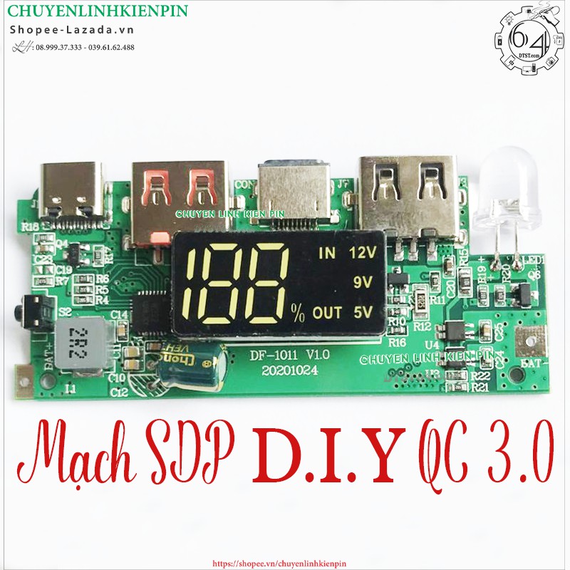 Mạch sạc dự phòng d.i.y cho box mica, type c, micro usb, lightning,sạc nhanh 3.0