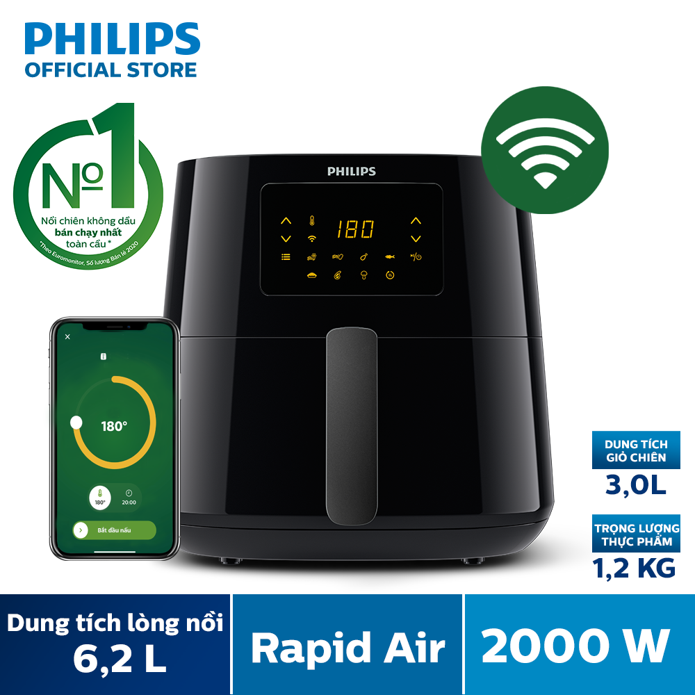 Nồi Chiên Không Dầu Xl 6.2L Philips HD9280/90 Có Kết Nối Wifi Công Suất 2000W Công Nghệ Rapidair Màn Hình Điện Tử Hàng Phân Phối