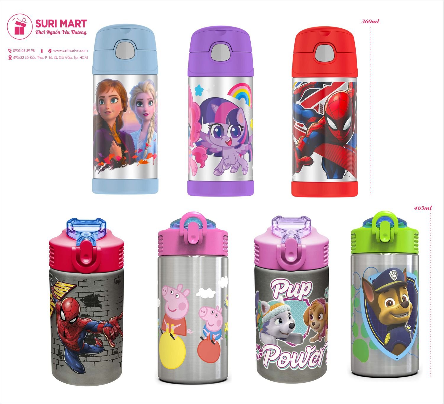 Bình giữ nhiệt cho bé yêu - công chúa elsa & anna, ngựa pony & người nhện spiderman
