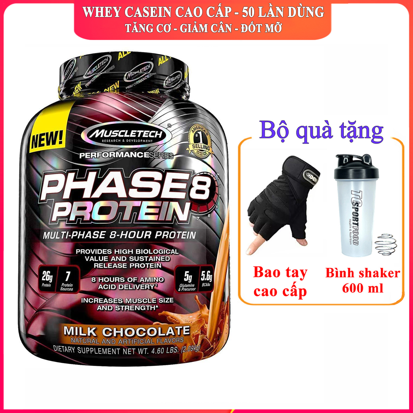 [TẶNG BÌNH VÀ BAO TAY] Sữa tăng cơ Phase 8 của Muscle Tech hương Chocolate hộp 50 lần dùng hỗ trợ tăng cơ giảm cân đốt mỡ tăng sức bền sức mạnh cho người tập Gym và chơi thể thao