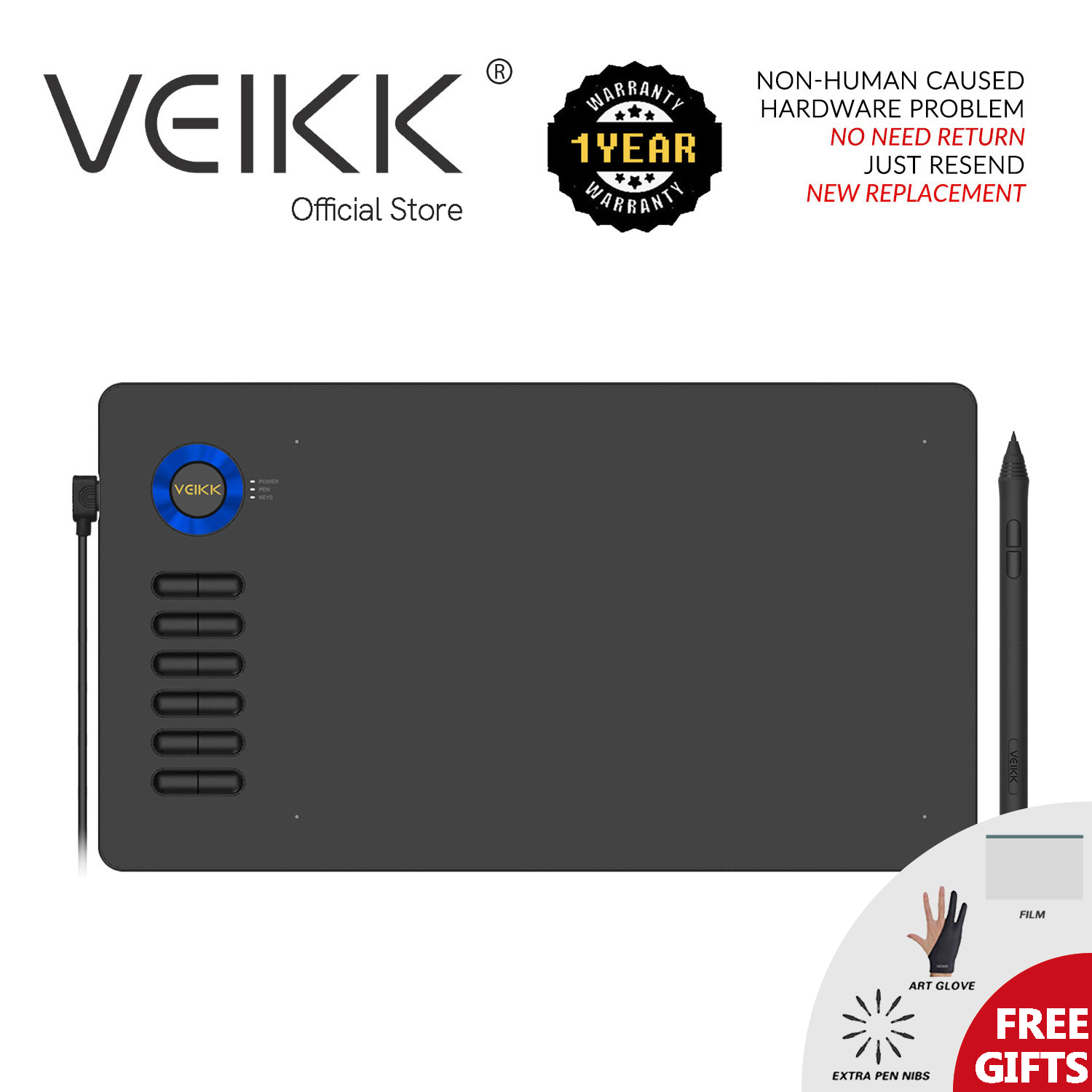 VEIKK A15 Bảng vẽ cảm ứng 10x6 inch kèm Bút không cần sạc 12 phím tắt Tương thích với Android Windows và Mac OS