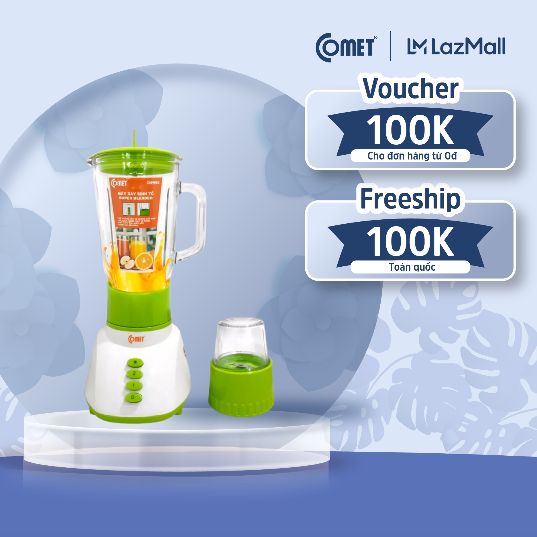 Máy xay sinh tố cối thủy tinh COMET CM9953 - Dung tích 1.25L - Công suất 300W - Bảo hành 12 tháng - Hàng Chính Hãng