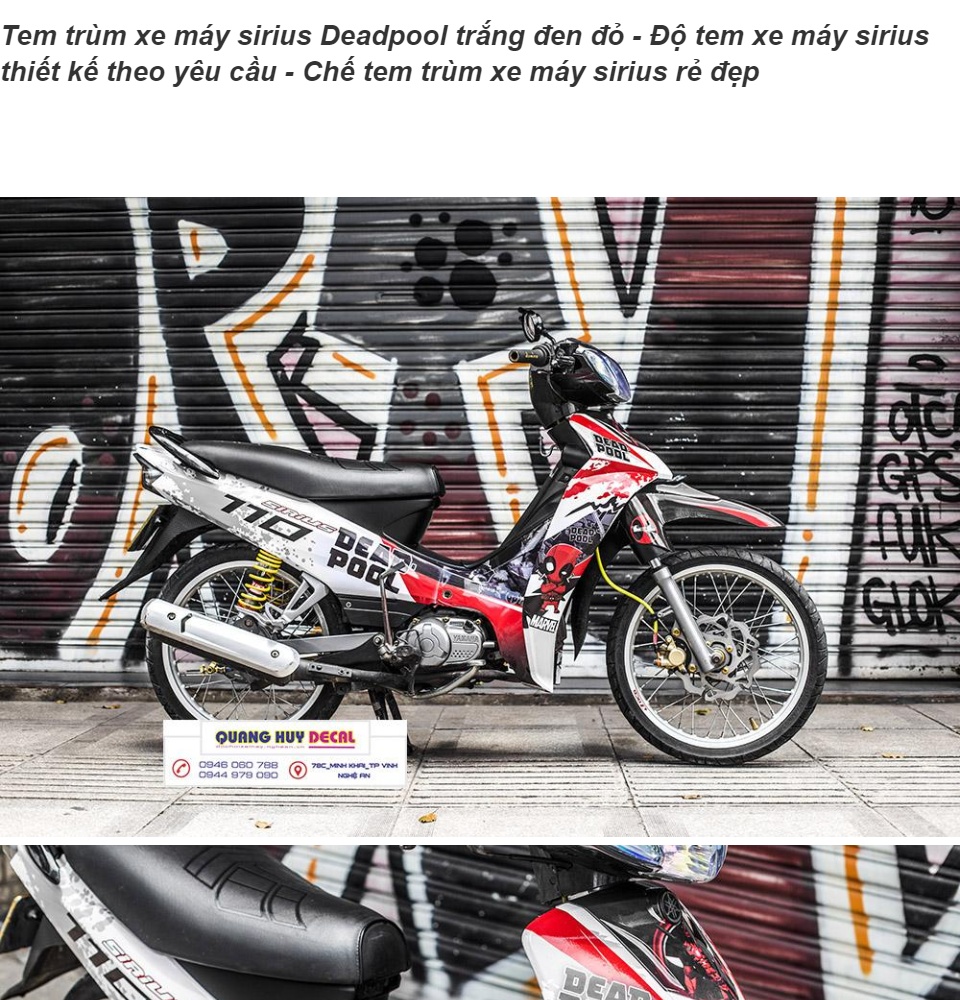 Tem trùm xe máy sirius Deadpool trắng đen đỏ - Độ tem xe máy sirius thiết kế theo yêu cầu - Chế tem trùm xe máy sirius rẻ đẹp