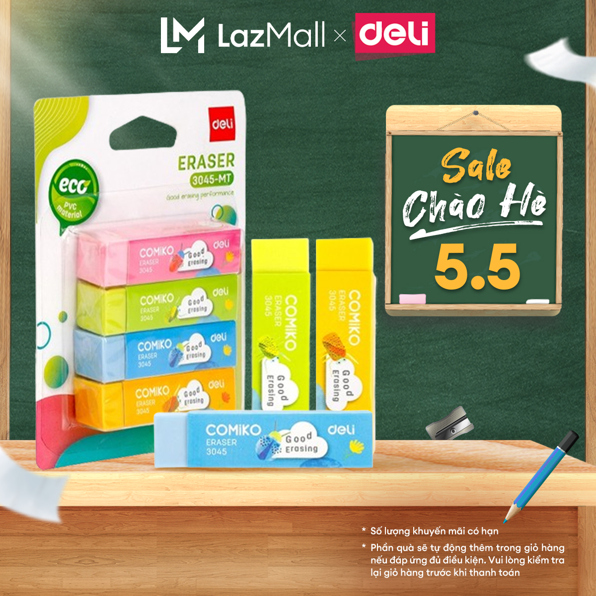 Tẩy 2B Deli, Xanh Dương/Vàng/Xanh Lá - 1 viên - E3045