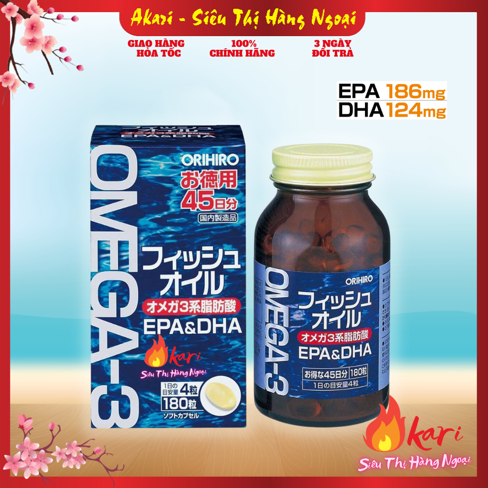 Dầu cá Omega 3 Fish Oil Nhật Bản tốt cho mắt, tim mạch và não Orihiro hộp 180 viên