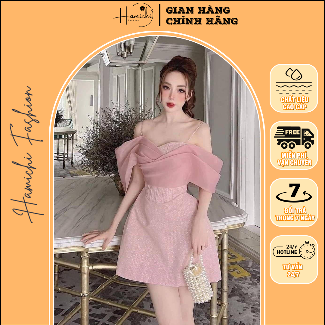 Váy voan hồng hamichi fashion - váy dự tiệc đấm cưới tiểu thư sang trọng