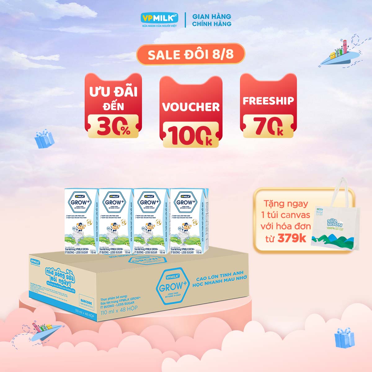 [Thùng 48 Hộp 110ml] Sữa Tiệt Trùng VPMilk Grow+ Ít Đường Cho Bé Từ 1 Tuổi
