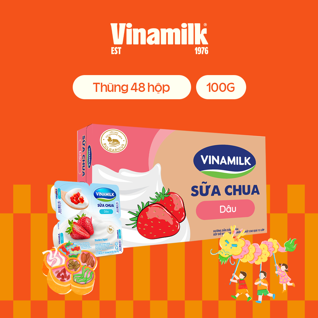 4 Vỉ Sữa chua ăn Vinamilk Dâu - Yaourt 4 hộp 100g/vỉ