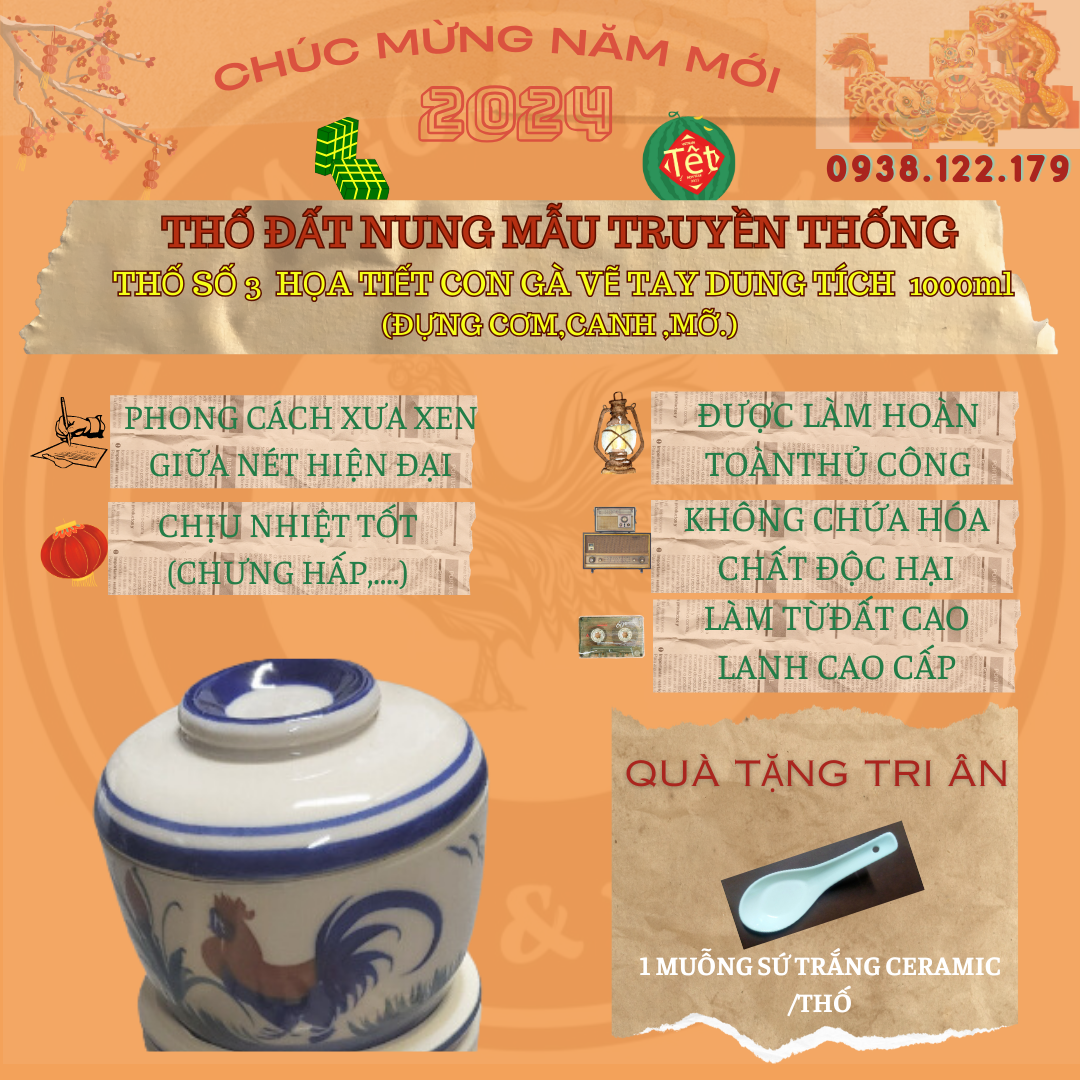 Thố hủ đất nung vẽ gà số 3 dung tích 1l