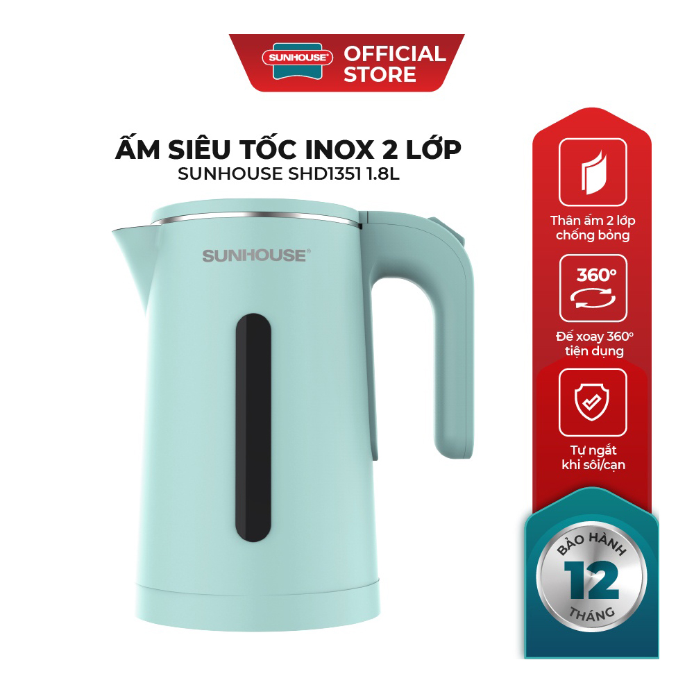 Ấm siêu tốc inox 2 lớp 1.8L Sunhouse SHD1351 chính hãng - Bình đun nước siêu tốc - Ấm đun nước siêu tốc - Bình siêu tốc Lòng thép không gỉ cao cấp - Vỏ nhựa PP an toàn - Đế xoay 360 độ có thể nấu ở nhiều góc độ