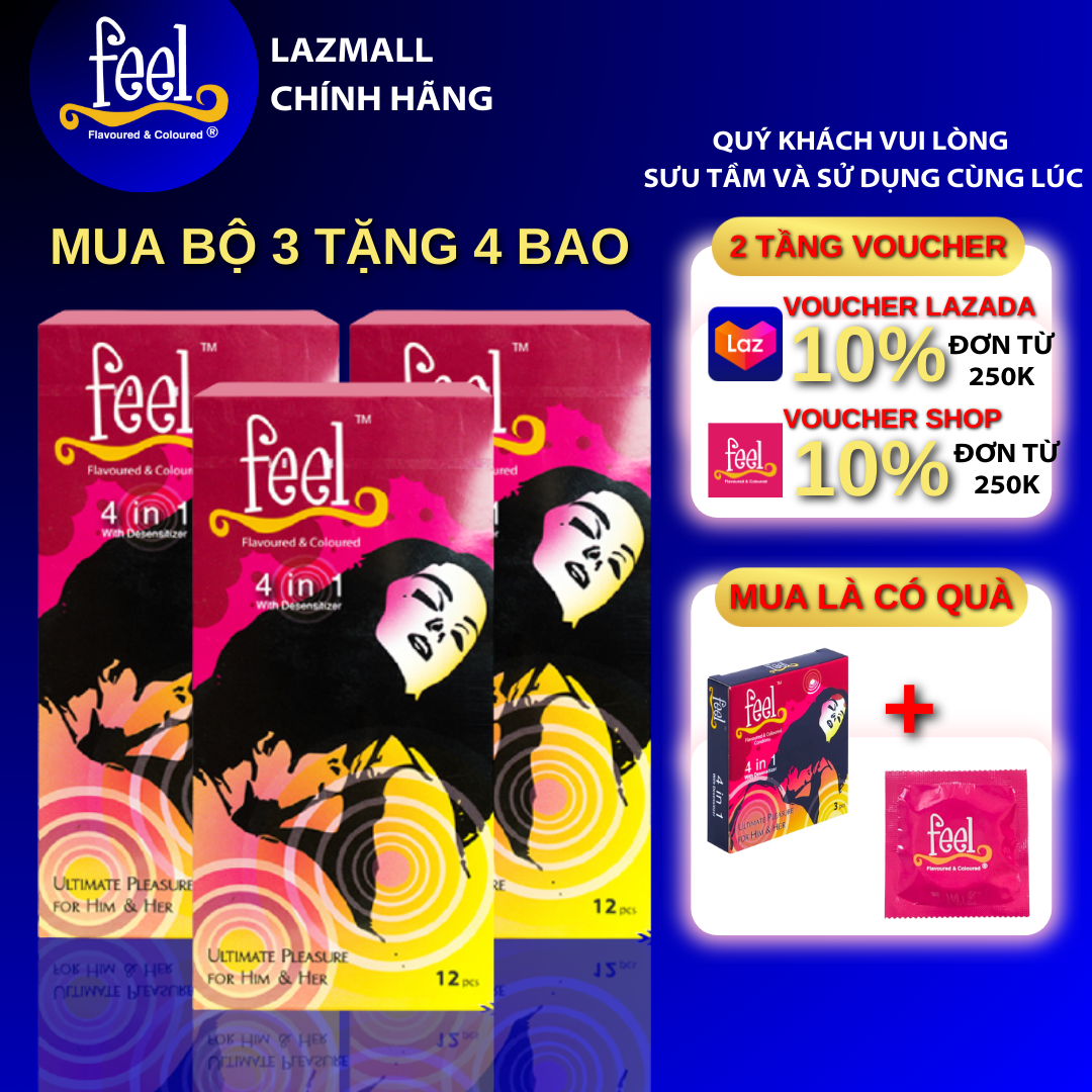 Bộ 3 Hộp Bao cao su Feel 4 in 1 kéo dài thời gian, có Gai và Gân, hộp 12 bao.