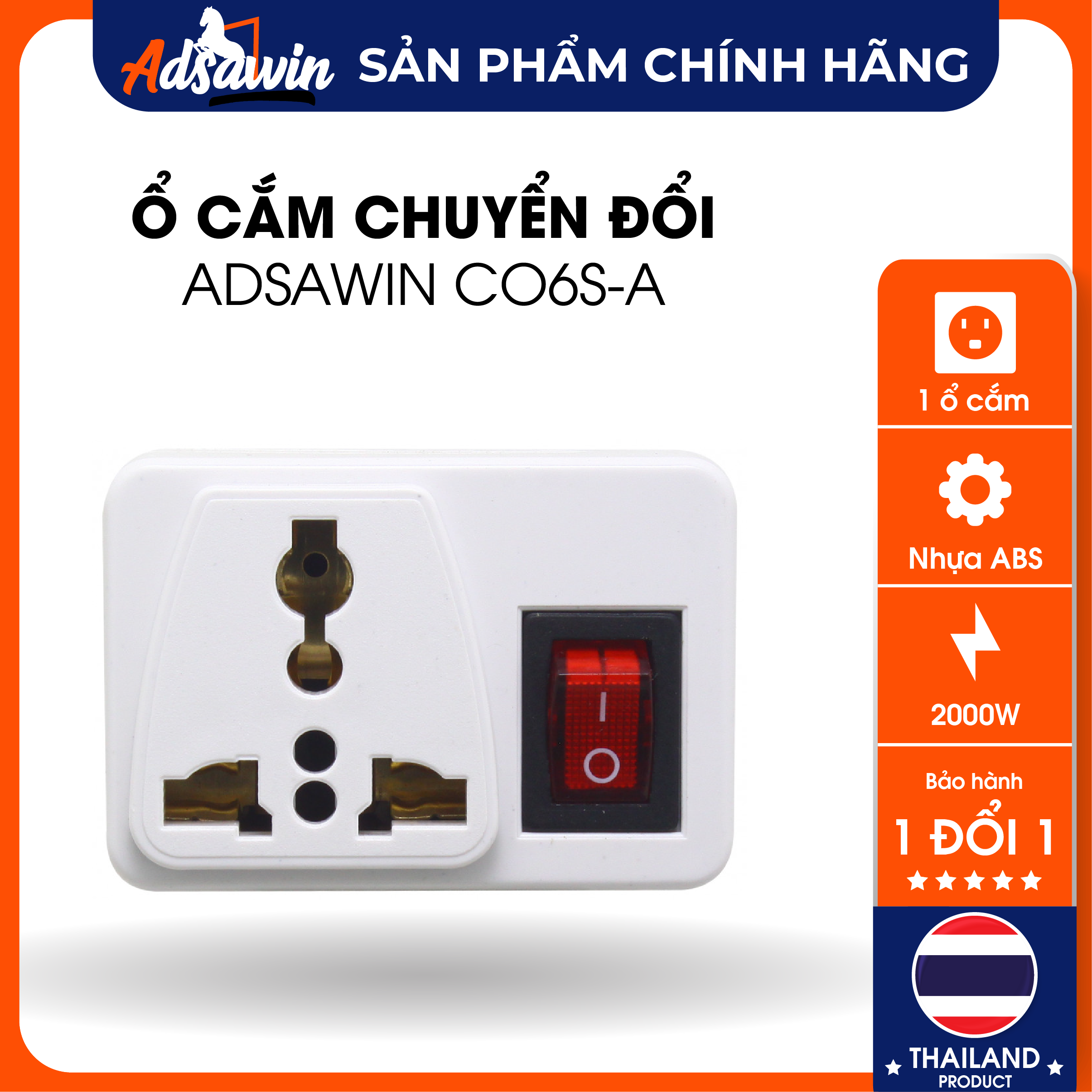 CHÍNH HÃNG -Phích cắm (Ổ cắm) ADSAWIN CO6S-A THAILAND chuyển đổi 3 thành 2 chấu,công tắc tiện lợi,2000W,ABS