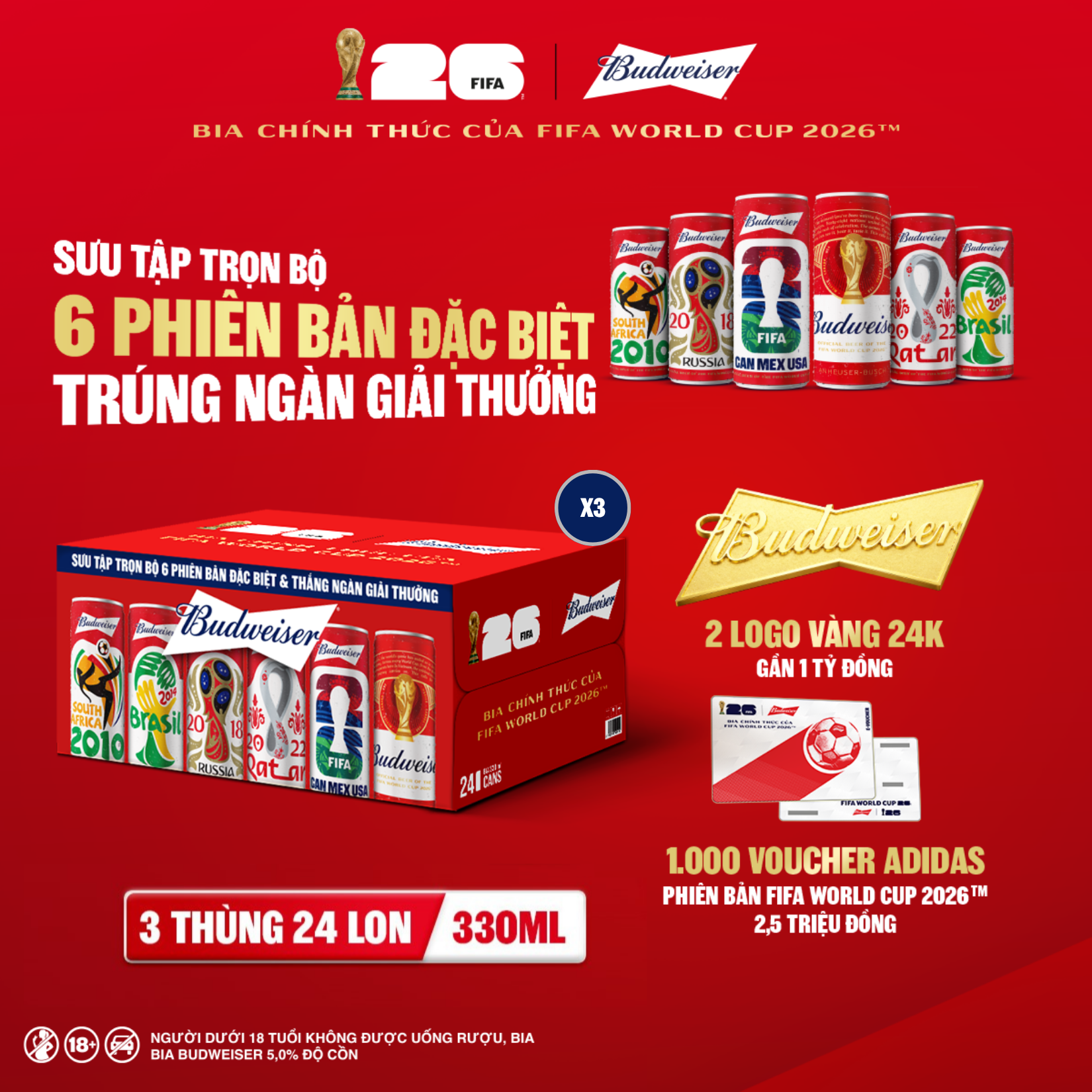 Combo 3 Thùng 24 Lon Bia Budweiser Sleek Can Chính Hãng (330ml/lon)