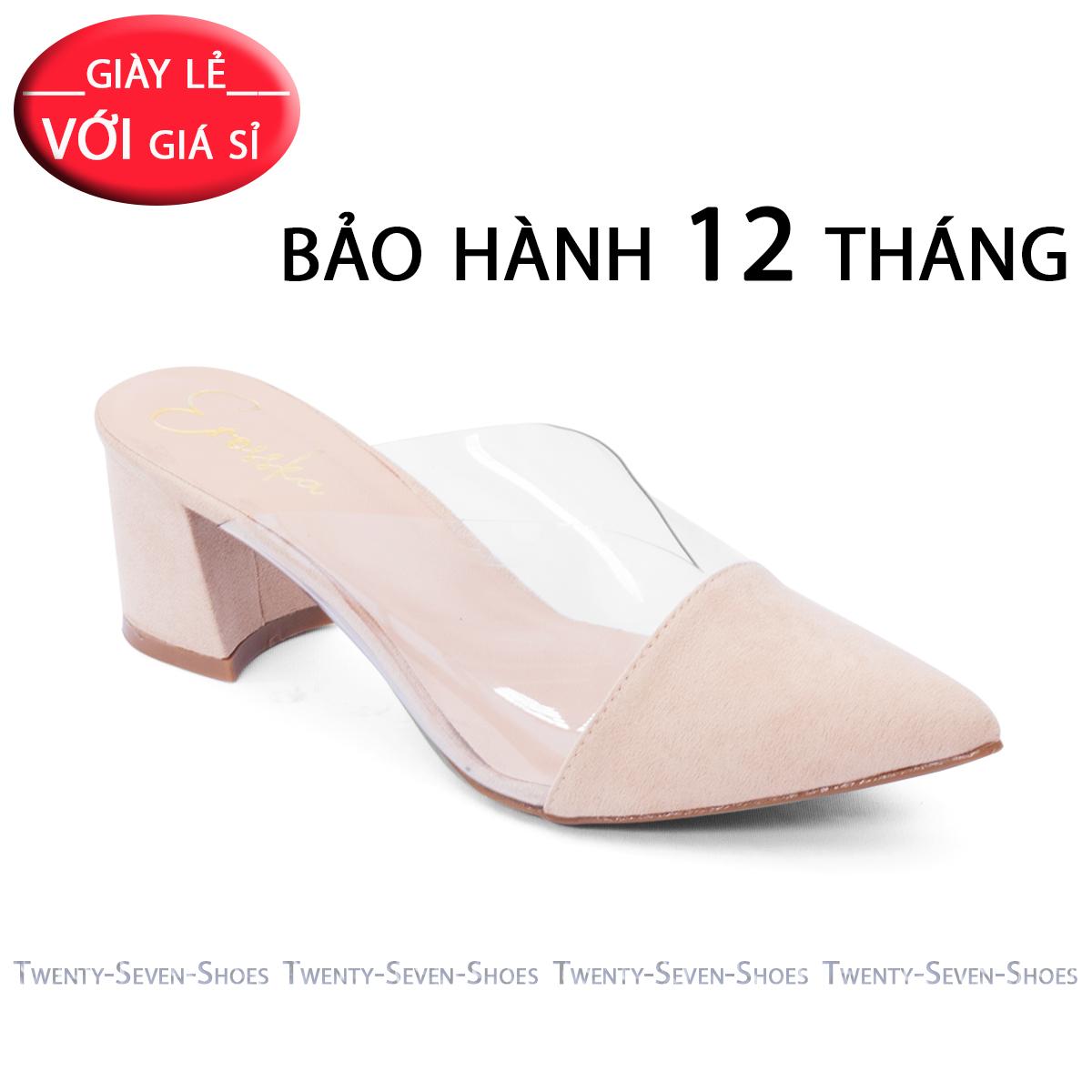 Dép cao gót nữ da PU, phối mica trong suốt cao 5 cm - TSD021