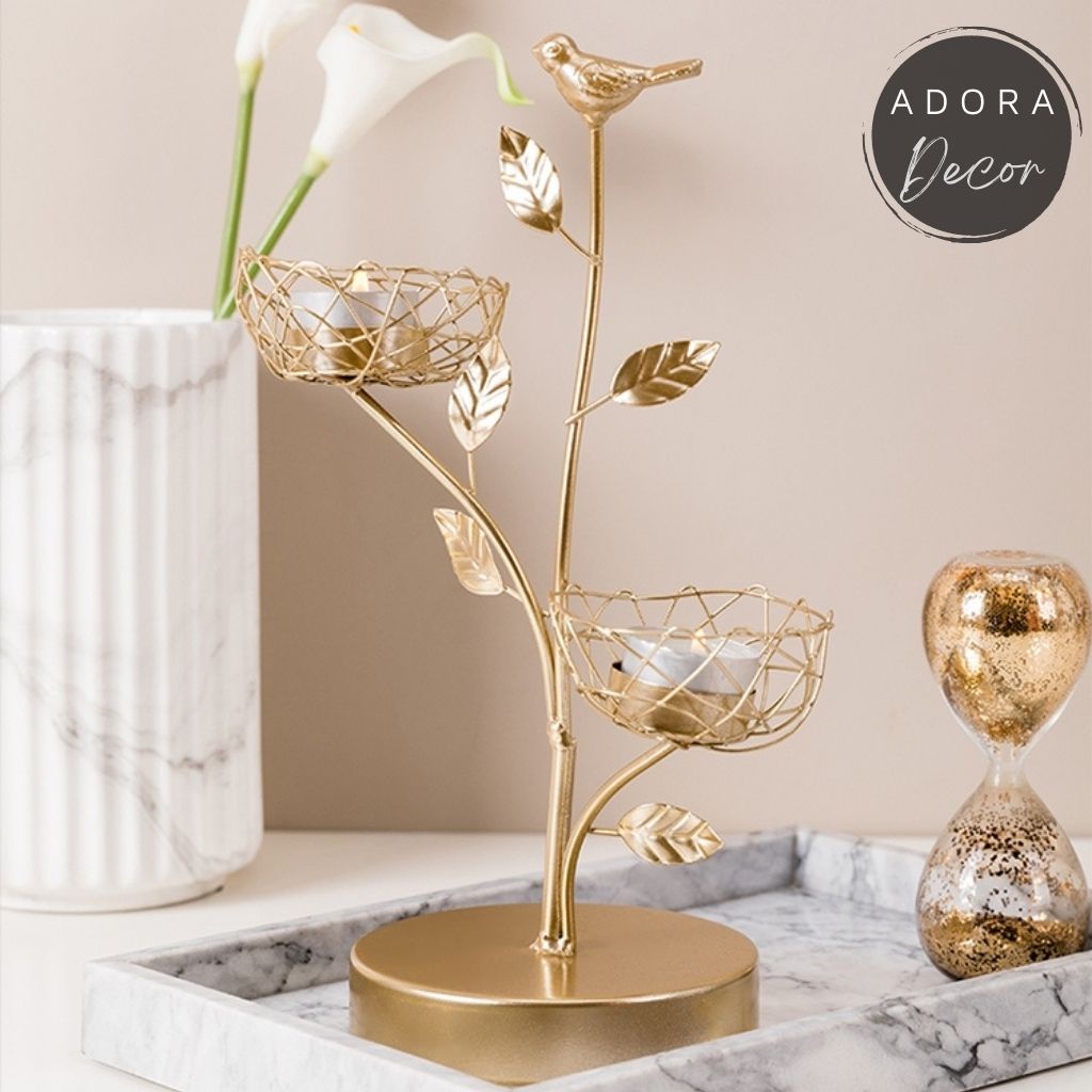 Đồ decor khung nến golden bird nest | quà lưu niệm trang trí phòng khách ADORA