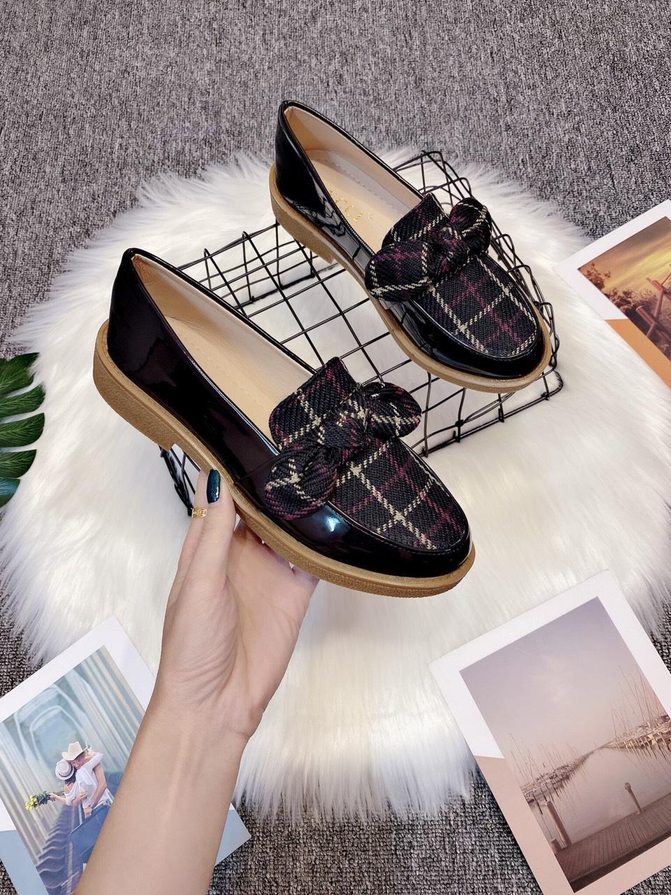 Giày đốc nữ, giày đốc nữ thời trang phổi da kẻ có nơ cực xinh siêu hót trend