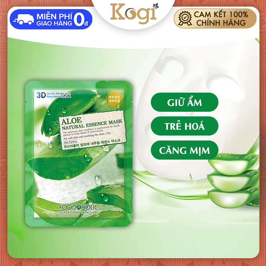 [GIÁ TỐT]Mặt nạ dưỡng ẩm trắng da 3D Nha Đam Aloe Natural Essence Mask Foodaholic Hàn Quốc,Kogi Ginseng,giúp nuôi dưỡng da, giữ ẩm, có hiệu quả cao trong việc giảm stress, loại bỏ tế bào chết, giúp làn da mềm mịn tươi sáng.