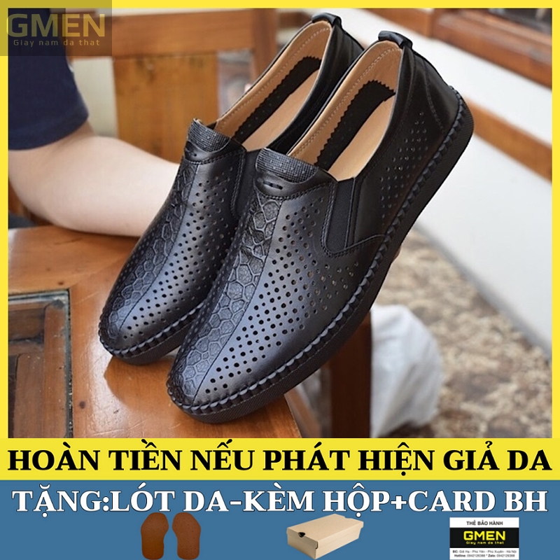 Giày lười nam da bò đục lỗ thoáng khí đế cao su êm chân TK0389