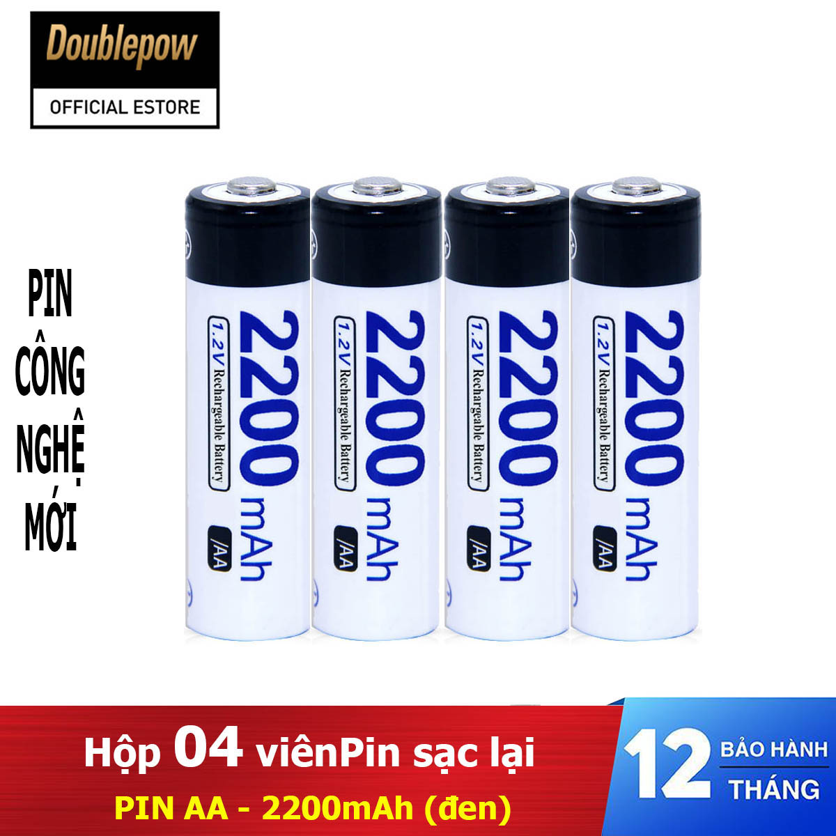 Hộp 4 viên Pin sạc lại Doublepow NiMh pin AA - 2200mAh, pin dung lượng thực (màu đen trắng)
