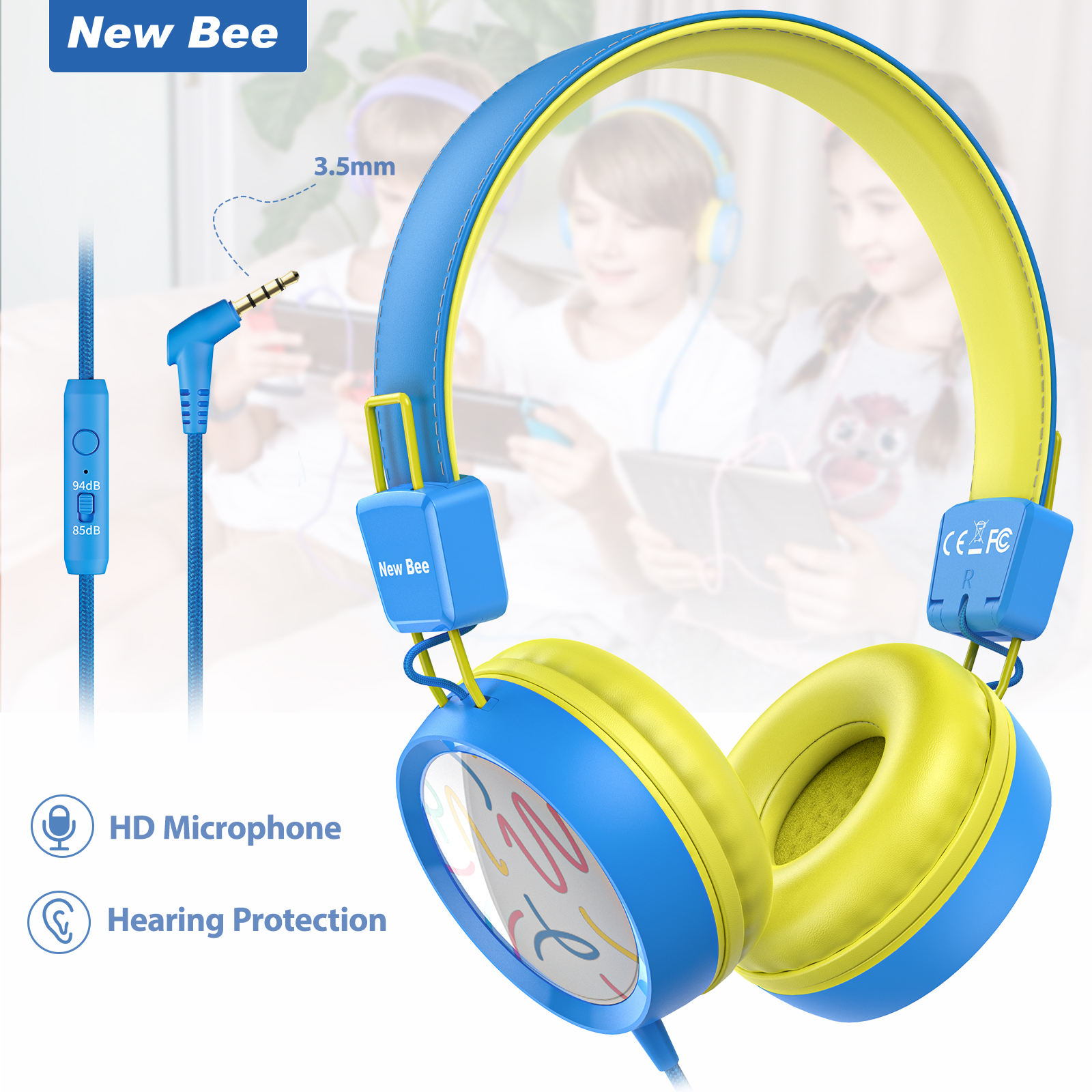 New Bee KH20 Tai nghe có dây cho trẻ em Màu sắc tai nghe chụp qua tai Âm thanh nổi Tích hợp micrô An toàn Âm lượng 85dB Giới hạn cho trẻ em Học trực tuyến Wired Headphone for Kids
