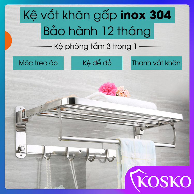Kệ vắt khăn phòng tắm gấp gọn KOSKO inox SUS 304 K-180VKG (Bảo hành 12 tháng) Kệ nhà tắm đa năng, kệ để đồ có móc treo quần áo