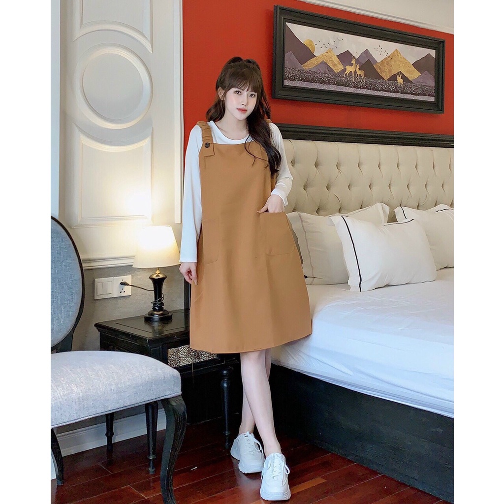 Váy Yếm Bầu Thu Đông Kèm Áo Thun Dài Tay Phong Cách Dễ Thương Có Túi tiện lợi ĐẸP RẺ