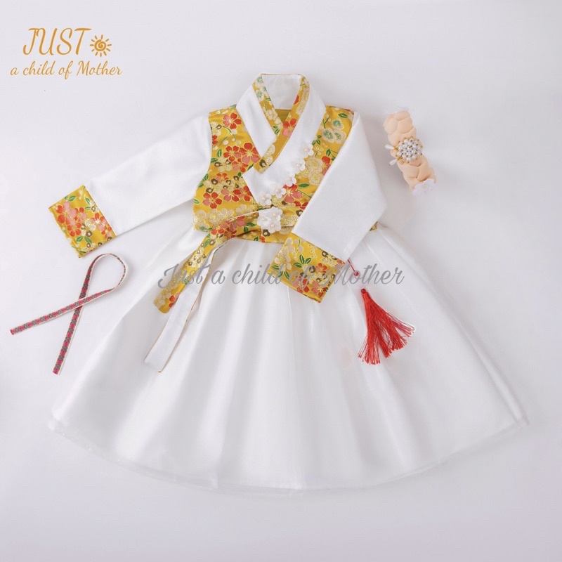 Váy Hanbok bé gái, Hàn phục bé gái Vải gấm Thượng Hải hoạ tiết hoa đào