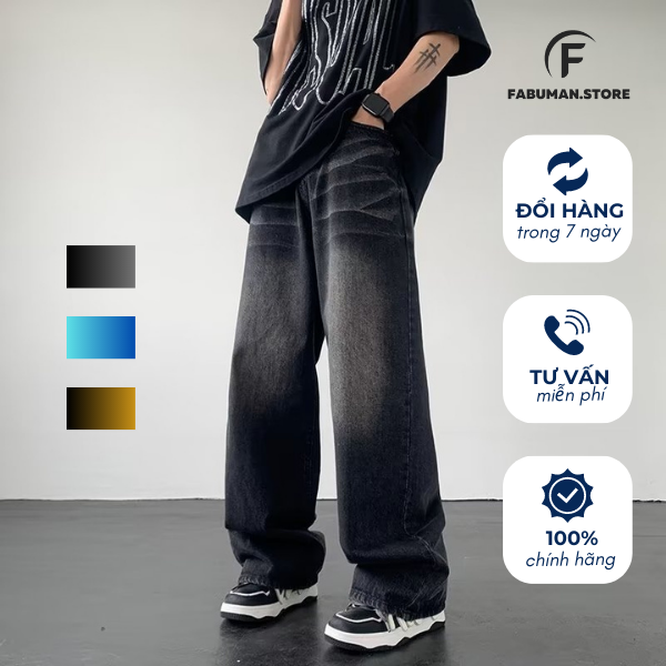 Quần jean bò ống rộng XÁM ĐEN Unisex Fabuman, Quần jeans Nam nữ ống rộng suông WideLeg Vintage Faded Indigo Cao cấp