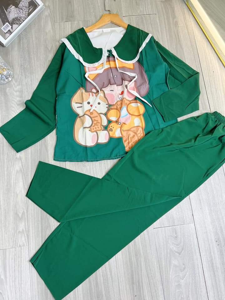 Đồ bộ pijama hoạ tiết hình bé gái vải lụa mềm mịn freesize dưới 60kg