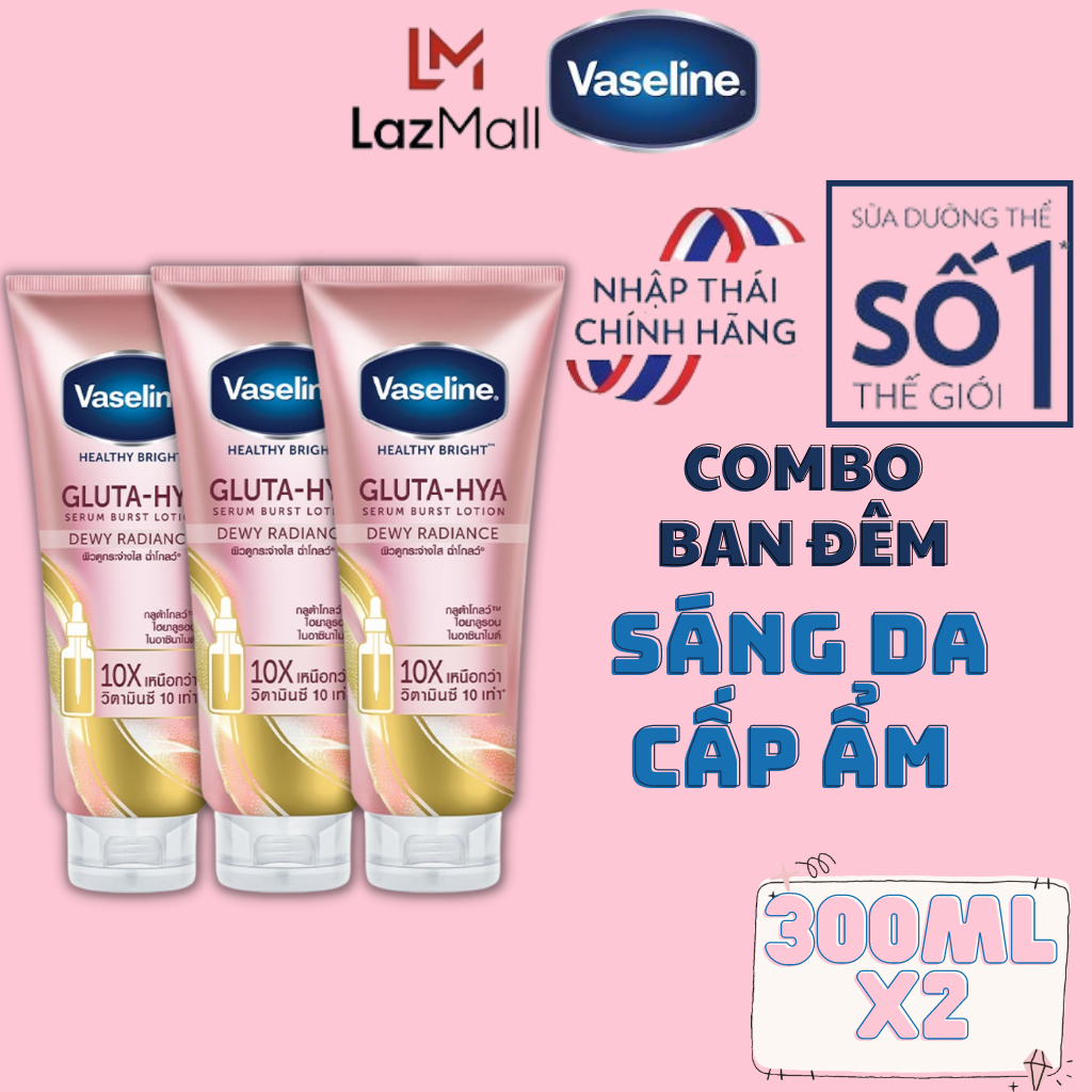 Combo 3 dưỡng thể vaseline 10x gluta hya dewy radiance cấp ẩm và dưỡng sáng da ban đêm 300ml - sữa dưỡng thể trắng da vaseline chính hãng - vaseline thái chính hãng - vaseline dưỡng thể trắng da chính hãng