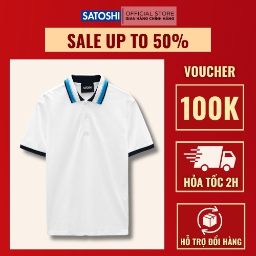 Áo polo satoshi diamond pique sapl75 trắng viền cổ xanh-navy tay ngắn lịch sự