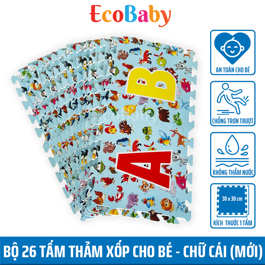 Bộ 26 tấm Thảm xốp ECOBABY, thảm xốp cho bé, thảm chơi lót trải sàn, trò chơi lắp ghép xếp hình, đồ chơi cho bé kèm quà tặng – 30x30cm – 26 chữ cái (loại mới)