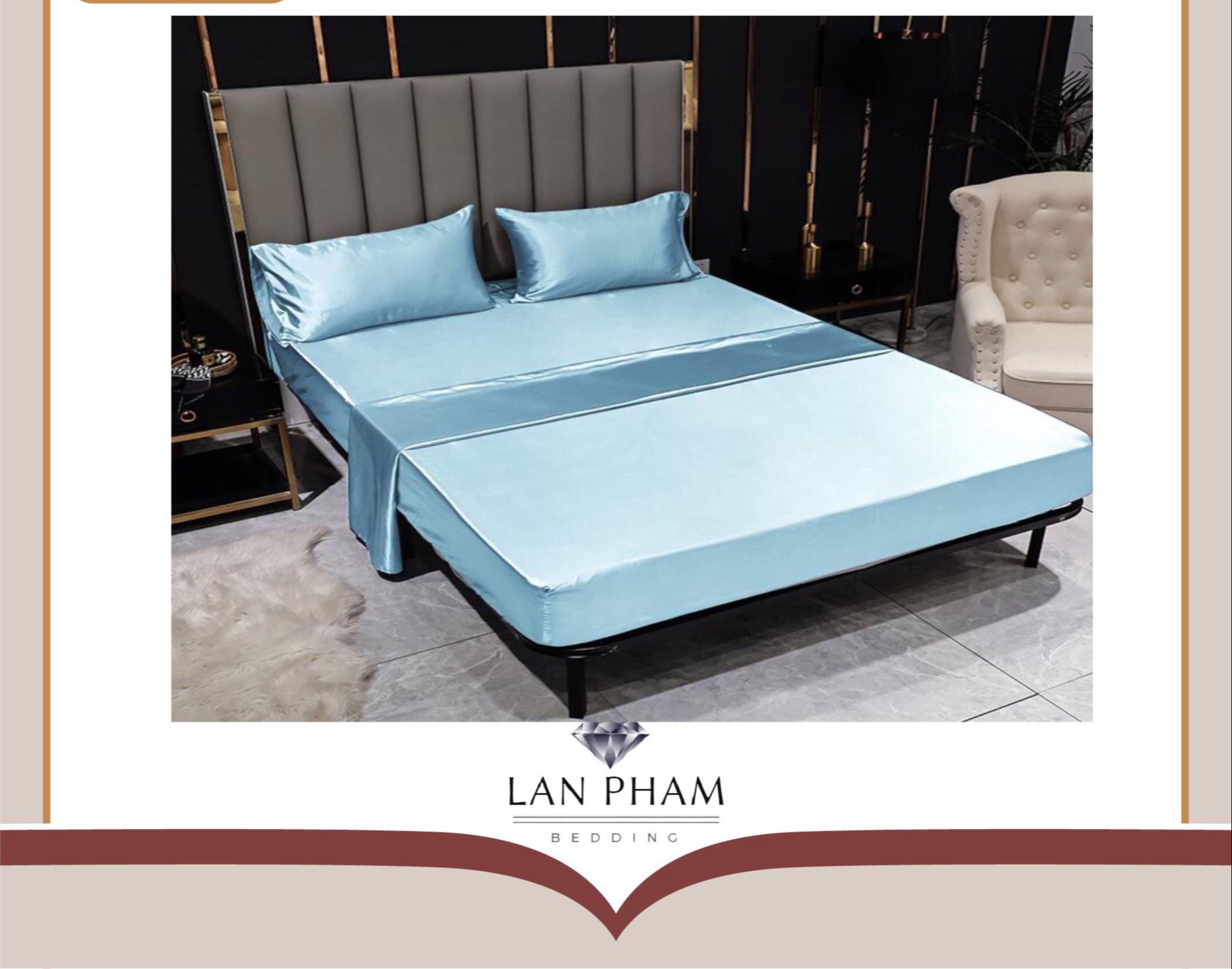 ( Lụa Loại 1) Bộ 4 Món Ga Gối Phi Lụa Xanh Da Trời Lan Pham Bedding Hàng Loại 1 Mát Mịn