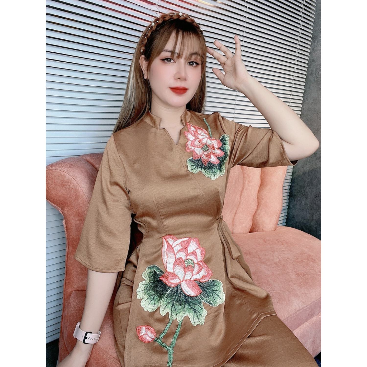 Set đồ lam đi chùɑ, set lam hoa sen thêu có dây cột, set bộ bà ba đi chơi dễ thương sd238 | anh vũ