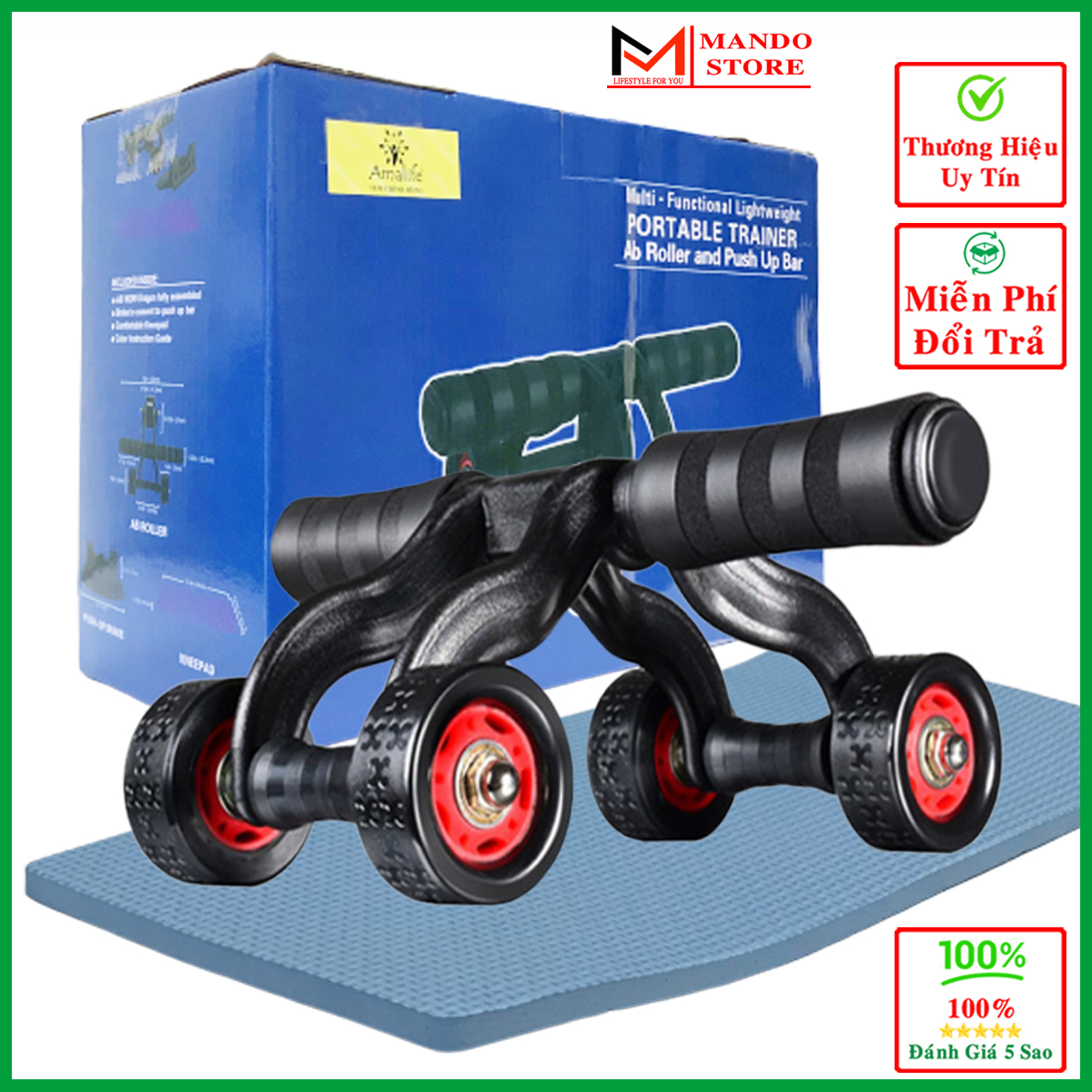 Con Lăn Tập Cơ Bụng 4 Bánh (Kèm Thảm Lót), Dụng Cụ Tập Cơ Bụng 6 Múi Tập Gym, Tập Thể Thao Nhỏ Gọn Cao Cấp