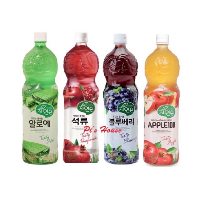 Nước ép trái cây Woongjin Hàn Quốc chai 1.5L đủ vị (táo, nho xanh, nho tím, việt quất, nha đam, cam, lựu)