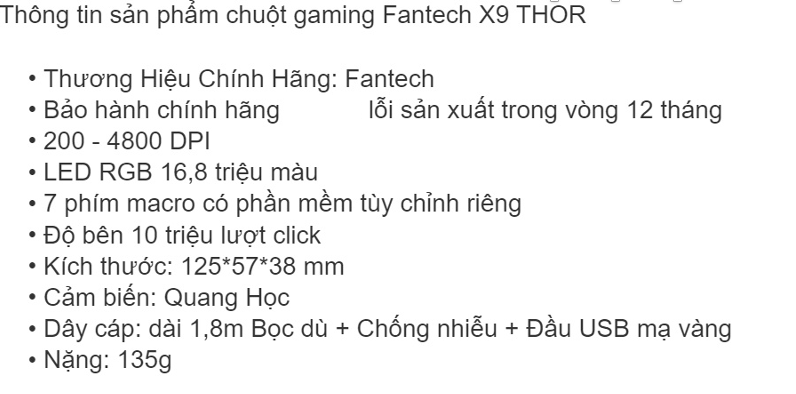 Chuột Gaming Có Dây Fantech X9 THOR 4800DPI LED RGB 168 Triệu Màu 7 Phím