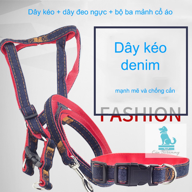 [Hoàn Tiền 10%]Dây dắt - Vòng cổ dây đeo lưng ngực denim cho chó chất lượng cao - dây xích dắt thú cưng đi dạo