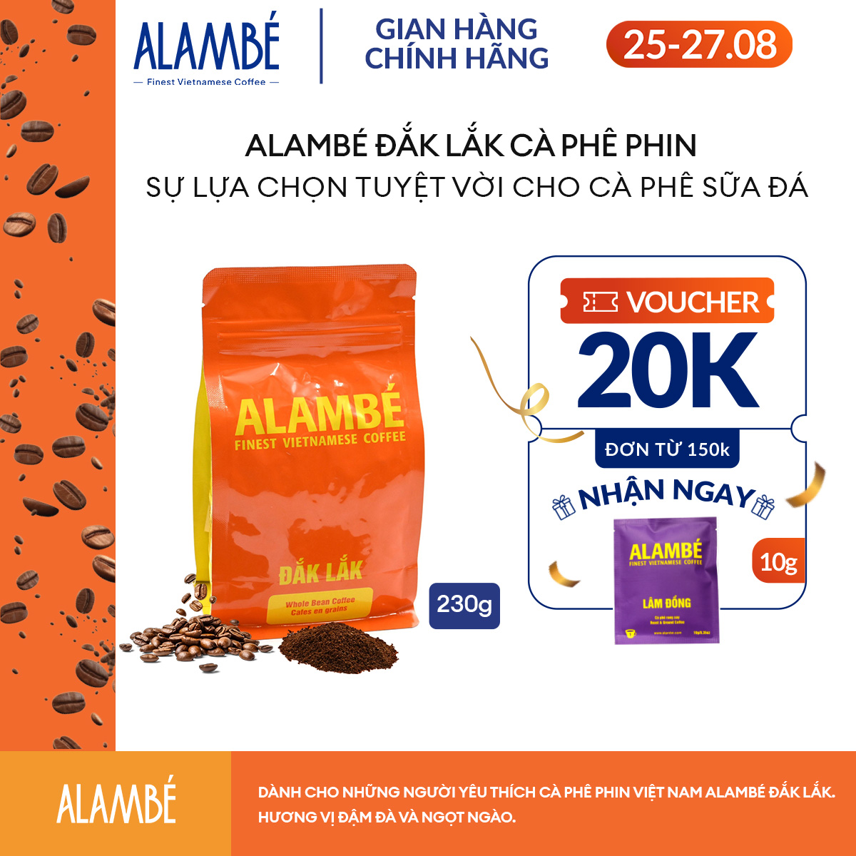ALAMBÉ Dak Lak 230g - Cà phê rang xay/nguyên hạt Robusta, đắng vị sô-cô-la đen, hương vị đậm, sâu, dài, hậu ngọt