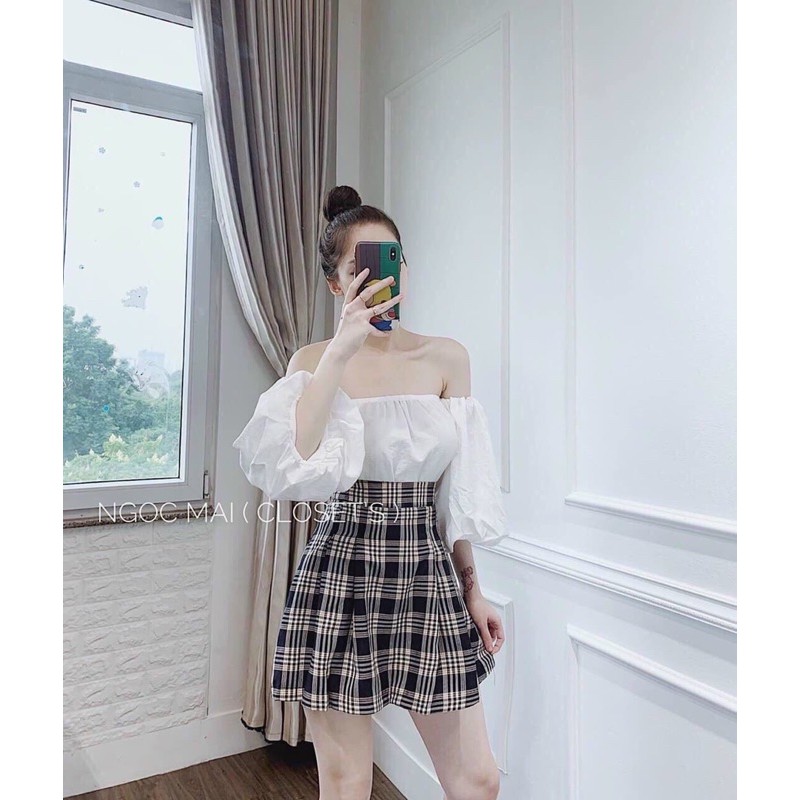 ��set váy kẻ caro + áo bẹt vai voan