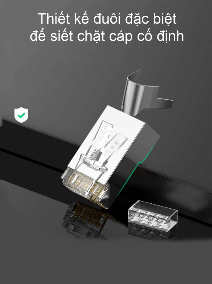 Hạt đầu bấm mạng bọc inox Cat6a Cat7 thiết kế đuôi kẹp cố định vào cáp, tốc độ 10Gbps UGREEN 70316 Hạt đầu bấm mạng bọc inox Cat6a Cat7 thiết kế đuôi kẹp cố định vào cáp, tốc độ 10Gbps UGREEN 70316