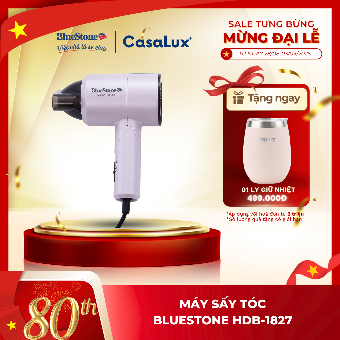    HÀNG CHÍNH HÃNG - 1 ĐỔI 1 TRONG 30 NGÀY   Máy Sấy Tóc BlueStone HDB 1827 - 1100W - Máy có sấy mát + Tay cầm gấp gọn - CasaLux Store 