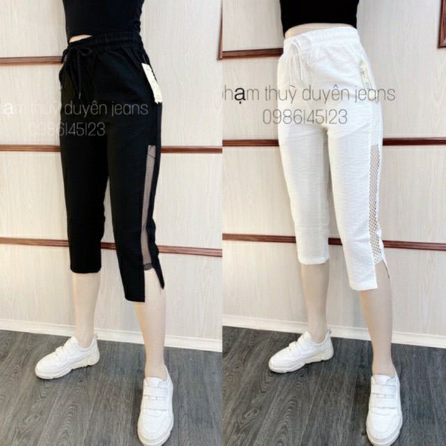Quần baggy đũi lửng pha lưới, quần đũi nữ lửng baggy cạp chun pha lưới dáng thể thao siêu đẹp