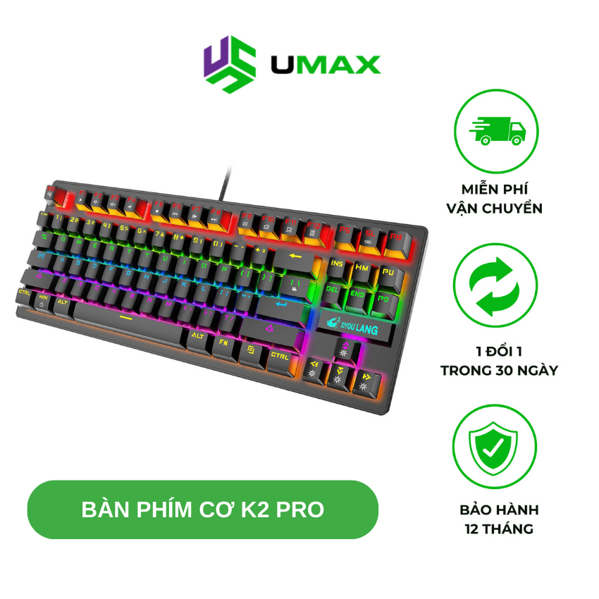 Bàn phím cơ gaming Crack K2 PRO, bàn phím máy tính chơi game có dây LED RGB 10 chế độ nháy khác nhau dành cho máy tính, laptop