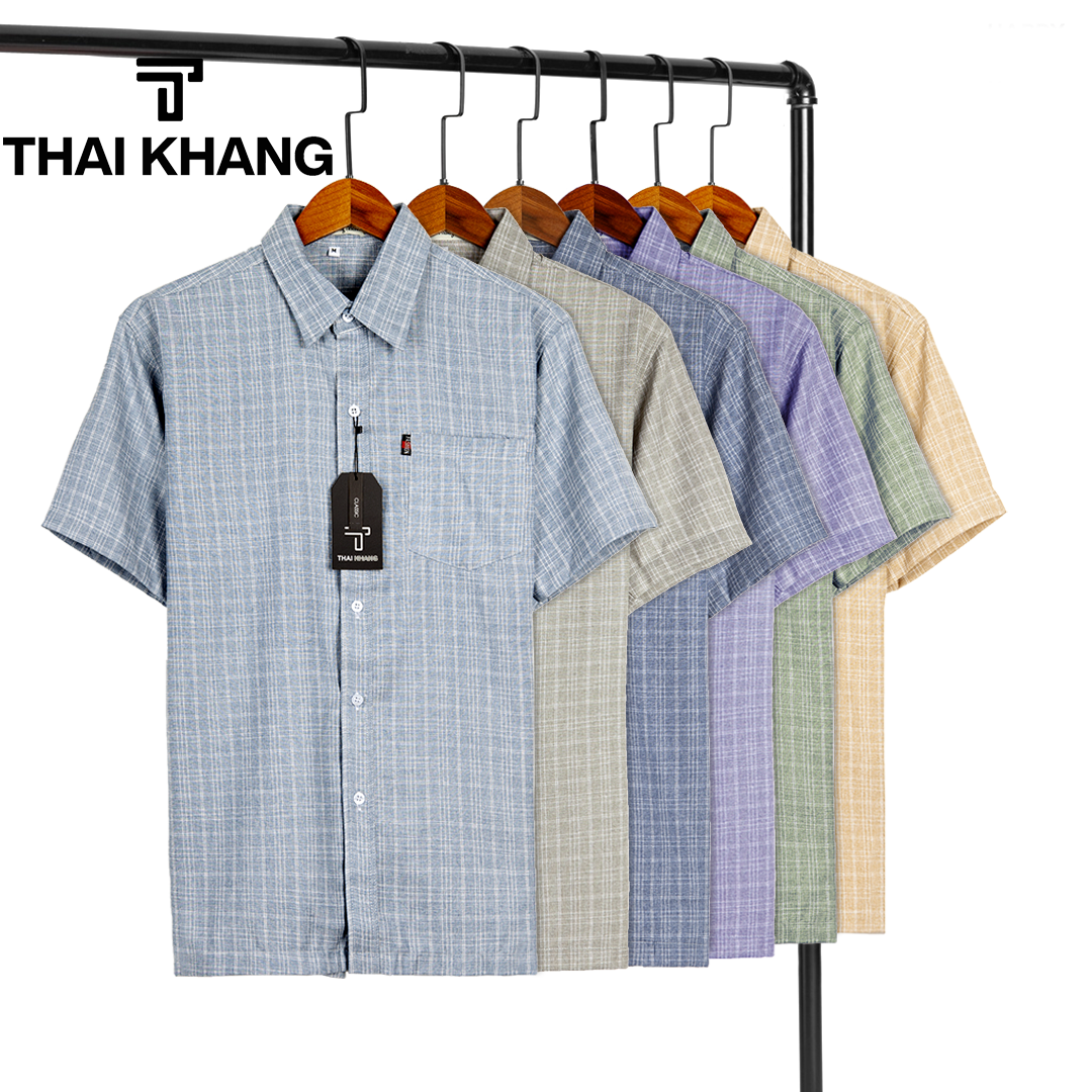 Áo sơ mi trung niên nam vải đũi caro siêu mát do Thái Khang đặt từ nước ngoài loại áo sơ mi nam ngắn tay form rộng ADUI14