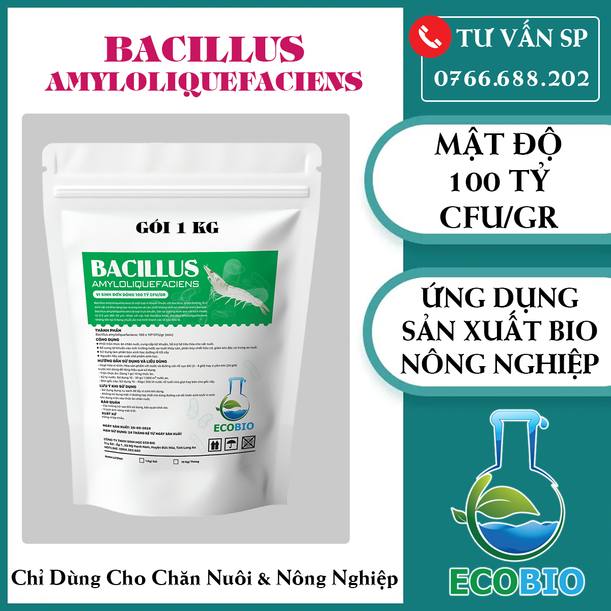 1 Kg Vi Sinh Đơn Dòng Bacillus Amyloliquefaciens Mật Độ 100 Tỷ CFU/gr Sử Dụng Cho Chăn Nuôi Và Nông Nghiệp